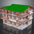Cartoon Style Three Story Building With Green Roof Beige Walls And Red Railings