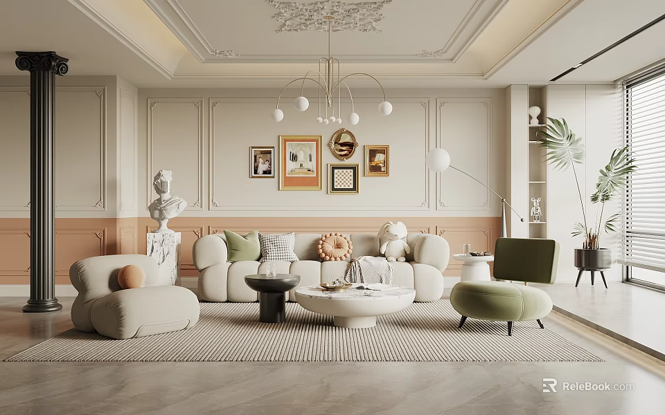 Elegant Modern Living Room With Chandelier Framed Art Sofa Green Armchair And Rug 3d model 