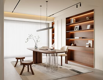 Modern Antique Study Modern Study Desk and Chair Combination Antique Bookcase Study Chandelier Dream Curtain Desk Ornaments Antique Stool Vase Green Planting 3d model