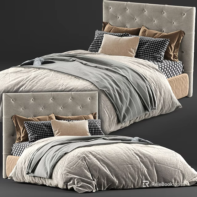 Elegant Double Bed With Tufted Headboard Plaid And Solid Pillows Neutral Toned Bedding 3d model 