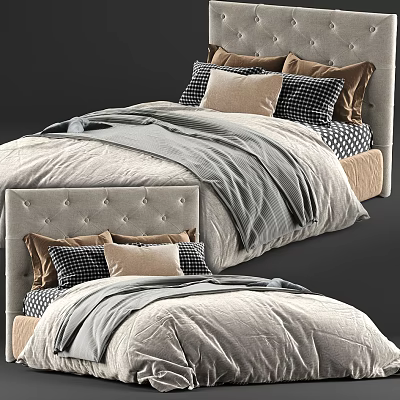 Elegant Double Bed With Tufted Headboard Plaid And Solid Pillows Neutral Toned Bedding 3d model