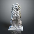 Detailed Stone Lion Sculpture Carving With Flowing Mane Heraldic Shield And Clawed Paws