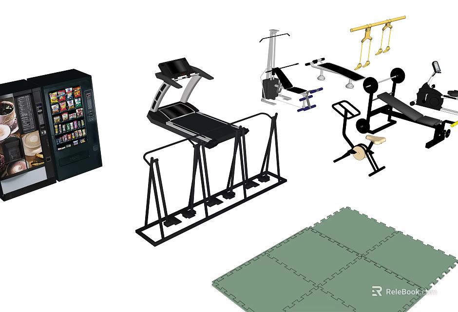 Essential Home Gym Sports Equipment Treadmill Strength Machines And Exercise Mat 3d model 