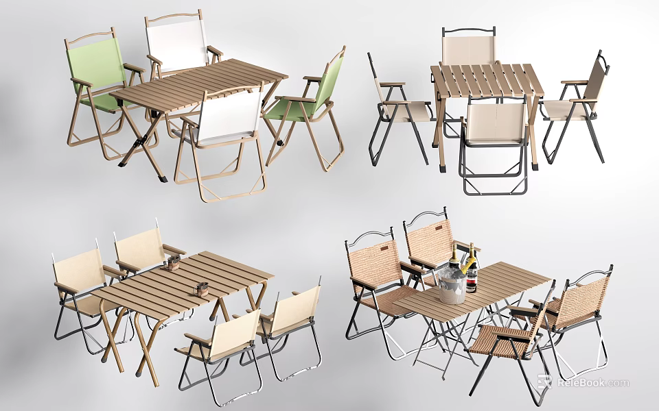 Outdoor Leisure Chairs With Wooden Table And Metal Frame In Different Colors 3d model 