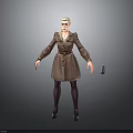 Woman wearing brown coat with belt and brown boots against gray background and small doll