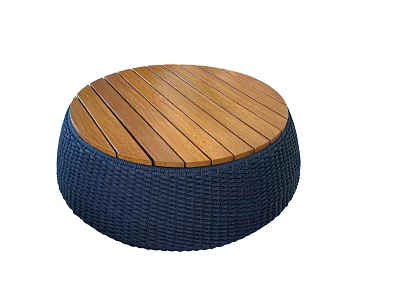 Stylish Round Coffee Table With Wooden Top And Blue Woven Base Design 3d model