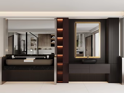 Modern Bathroom Vanity Design With Black Marble Countertop And Gold Framed Mirror 3d model