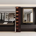 Modern Bathroom Vanity Design With Black Marble Countertop And Gold Framed Mirror