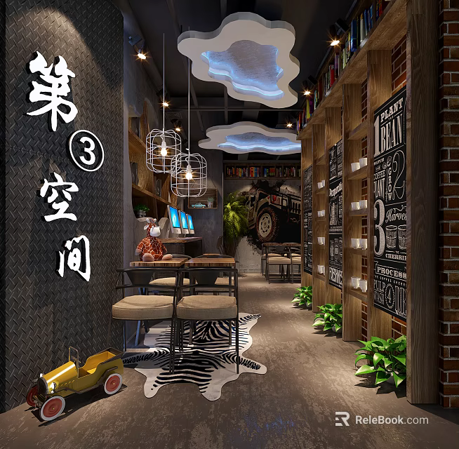 Modern Café Interior Design With Hanging Lights Wooden Tables Chairs Green Plants And Bookshelves 3d model 