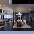 Modern Luxury Open Plan Living And Dining Room With Elegant Chandelier And Panoramic City Views