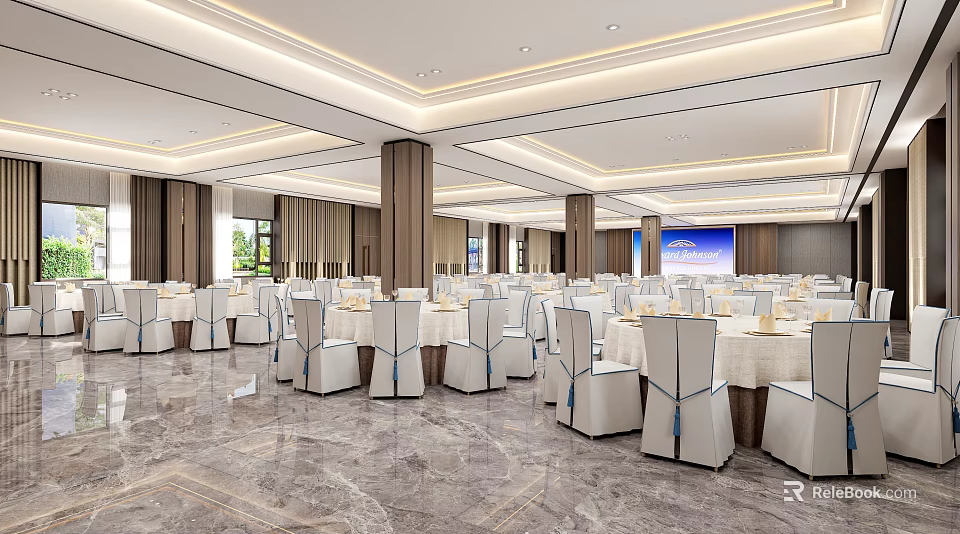 Elegant Banquet Hall Interior With Round Tables White Tablecloths And Ceiling Chandeliers 3d model 