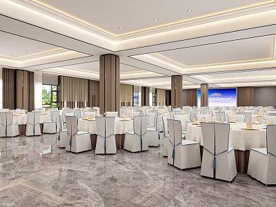 Elegant Banquet Hall Interior With Round Tables White Tablecloths And Ceiling Chandeliers 3d model