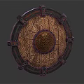 Medieval Shield Weapon With Metal Riveted Edges Leather Surface And Golden Spiral Design