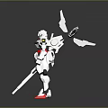 White Game Movie Robot Character With Red Feet Green Eyes And Long Spear