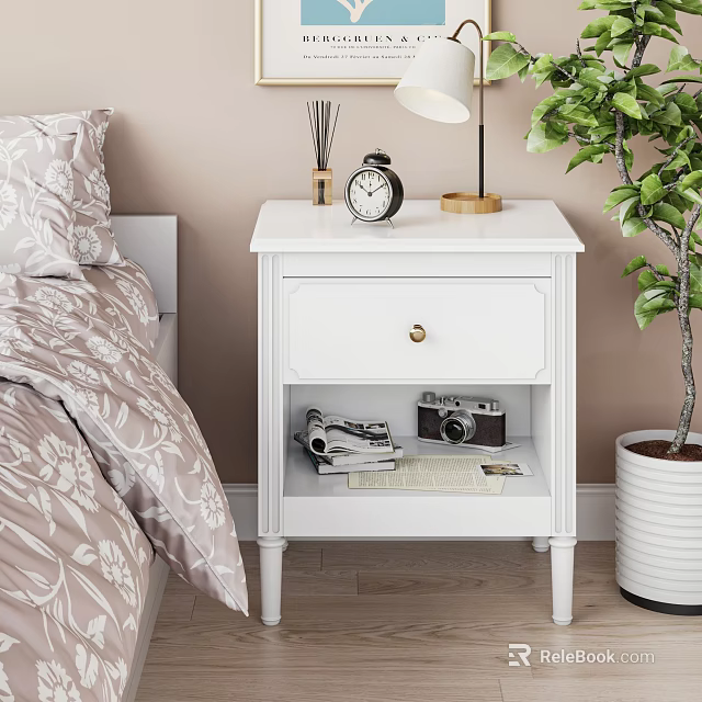 White Nightstand With Bedside Table Lamp Alarm Clock Vintage Camera Magazines And Potted Plant 3d model 