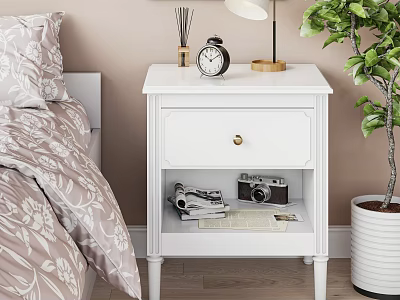 White Nightstand With Bedside Table Lamp Alarm Clock Vintage Camera Magazines And Potted Plant 3d model