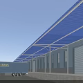 Modern Industrial Warehouse With Blue Canopy Roll Up Doors Windows And Hemplants Truck