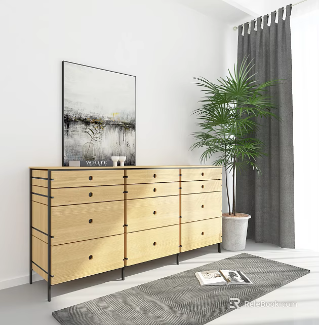 Modern Wooden Entryway Console Cabinet with Drawers Black Metal Frame Potted Plant and Wall Art 3d model 