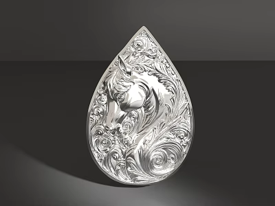 Exquisite Silver Teardrop Pendant Jewelry with Intricate Patterns and Horse Head Carving 3d model