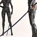 Game And Movie Black Mechanical Robot Characters With Swords And Futuristic Armor