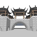 Chinese Style Landscape Bridge with Stone Arch and Pavilions Featuring Curved Eaves Over Water