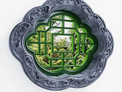 Intricate Carved Lattice Window With Floral Frame And Green Tree View 3d model