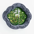 Intricate Carved Lattice Window With Floral Frame And Green Tree View