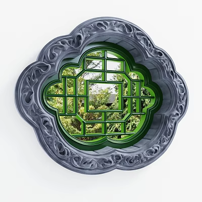 Intricate Carved Lattice Window With Floral Frame And Green Tree View 3d model
