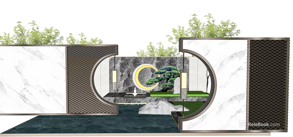 Modern Scenic Wall Design With Circular Arch Marble Surface And Green Plants 3d model 