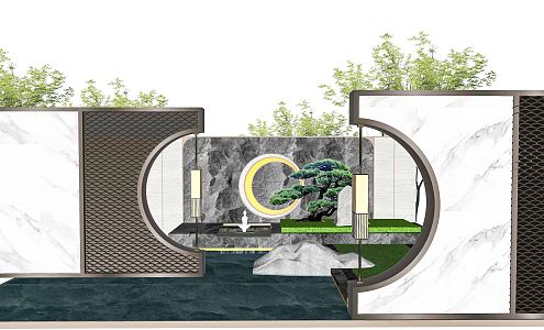 New Chinese style landscape wall landscape wall waterscape wall landscape wall moon cave door 3d model