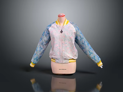 Light Pink Bomber Jacket With Blue Patterned Sleeves And Yellow Trim 3d model
