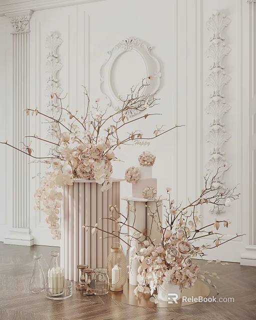 Elegant Floral Arrangement With Branches Cylinder Vase And Small Cake On White Sculpted Wall Background 3d model 