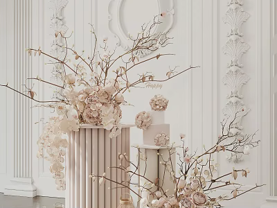 Elegant Floral Arrangement With Branches Cylinder Vase And Small Cake On White Sculpted Wall Background 3d model