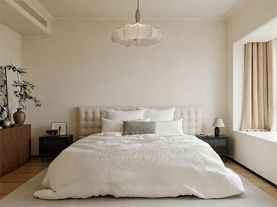 Elegant Minimalist Bedroom Interior With White Bed Upholstered Headboard Nightstands And Chandelier 3d model