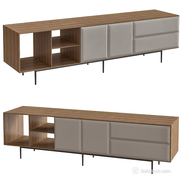 Modern Wooden TV Stand With Gray Doors Open Shelves And Metal Legs 3d model 