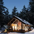 Wooden Cabin in Forest with Snow Covered Roof String Lights and Warm Interior Lighting