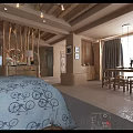 Rustic Hotel Guest Room With Wooden Ceiling Stone Accent Wall Comfortable Bed And Decorative Vases