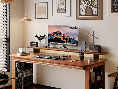 Wooden Office Desk With Mountain View Monitor Desk Lamp Potted Plant And Decorative Wall Art 3d model