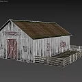Old Cherry Barn With Weathered White Wooden Walls Red Door Brown Roof And Wooden Fence