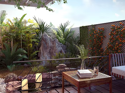 Pergola Covered Garden Landscape with Lush Plants Rock Water Feature and Orange Blossom Wall 3d model