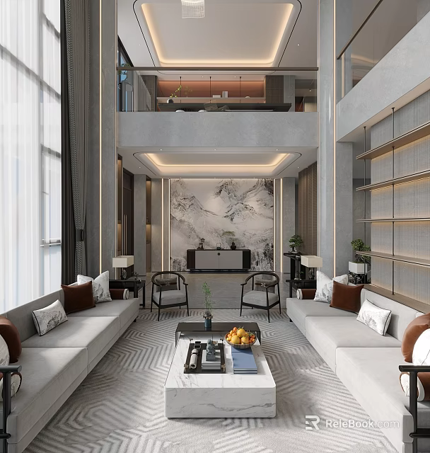 Modern Luxury Loft Living Room With Marble Wall And Sofas 3d model 