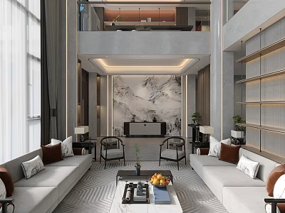 Modern Luxury Loft Living Room With Marble Wall And Sofas 3d model