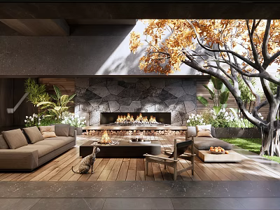 Courtyard Garden with Stone Fireplace Wooden Flooring Sofa and Autumn Leaf Tree 3d model