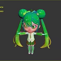 Cute Green Haired Game Character With Double Bun Ponytails And White Green Outfit