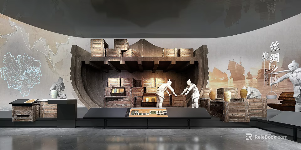 Museum Exhibition Featuring Wooden Boat Structure Wooden Boxes White Statues And Pottery 3d model