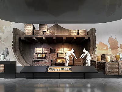 Museum Exhibition Featuring Wooden Boat Structure Wooden Boxes White Statues And Pottery 3d model