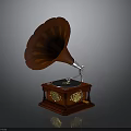 Vintage Gramophone with Red Horn Wooden Base and Golden Decorations as Classic Home Living Accessory
