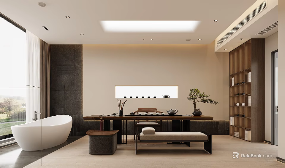 Elegant Modern Tea Room Interior With Minimalist Furniture And Bonsai 3d model 