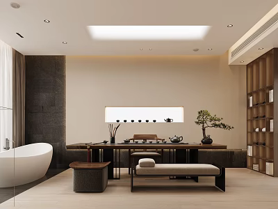 Elegant Modern Tea Room Interior With Minimalist Furniture And Bonsai 3d model