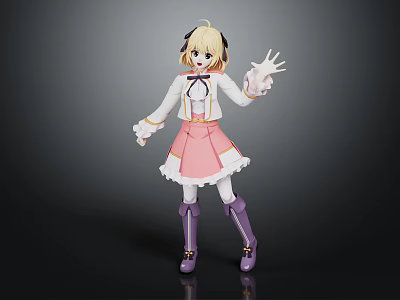 Cute 3D Anime Character With Blonde Hair Headphones White Top Pink Skirt And Purple Boots 3d model